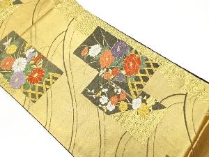 リサイクル　短冊に花々・古典柄模様織出し袋帯